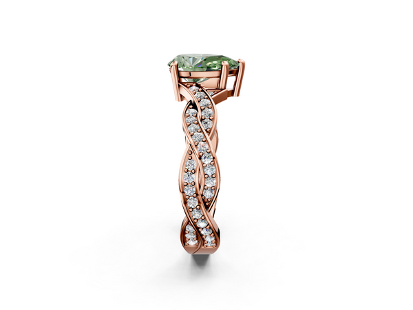 Rose gold Fancy Green Pear  Cut Twisted Pavé Band Solitaire Ring with Four-Prong Setting