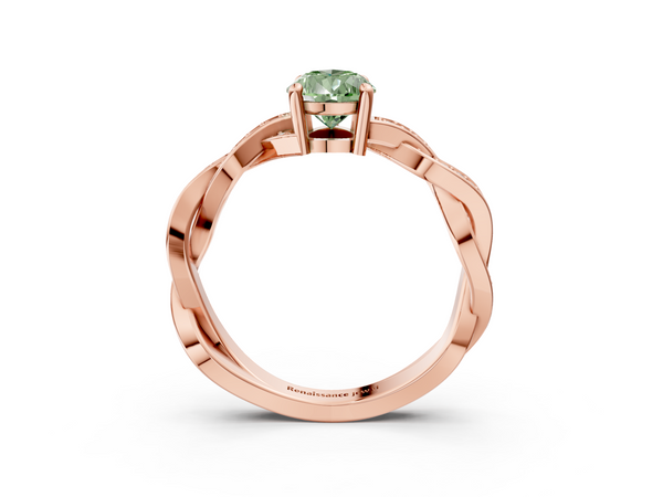 Rose gold Fancy Green Pear  Cut Twisted Pavé Band Solitaire Ring with Four-Prong Setting