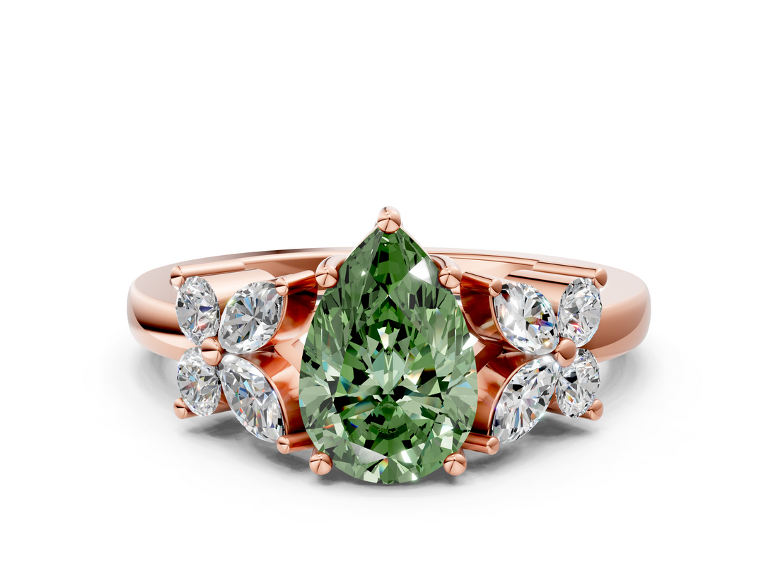 Rose gold Fancy Green Pear  Diamond Floral Cluster Ring with Solitaire Band and Prong Setting_55