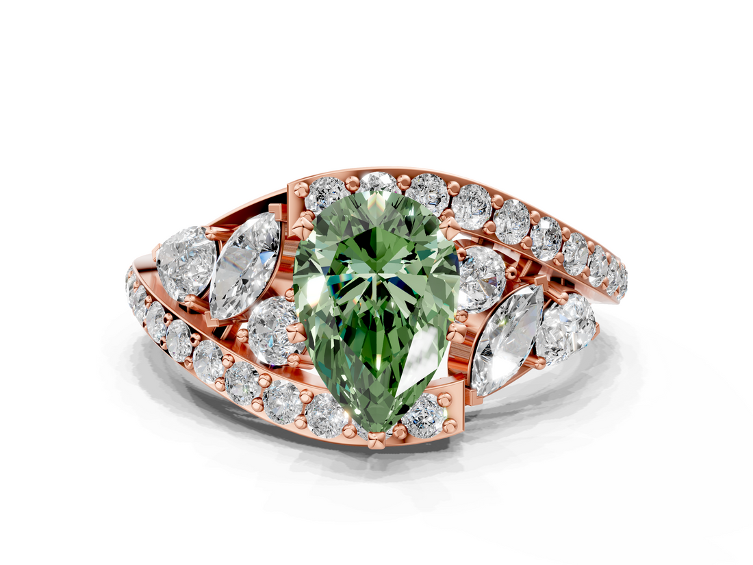 Rose gold Fancy Green Pear  Diamond Halo Ring with Marquise and Pavé Band in Prong Setting_50