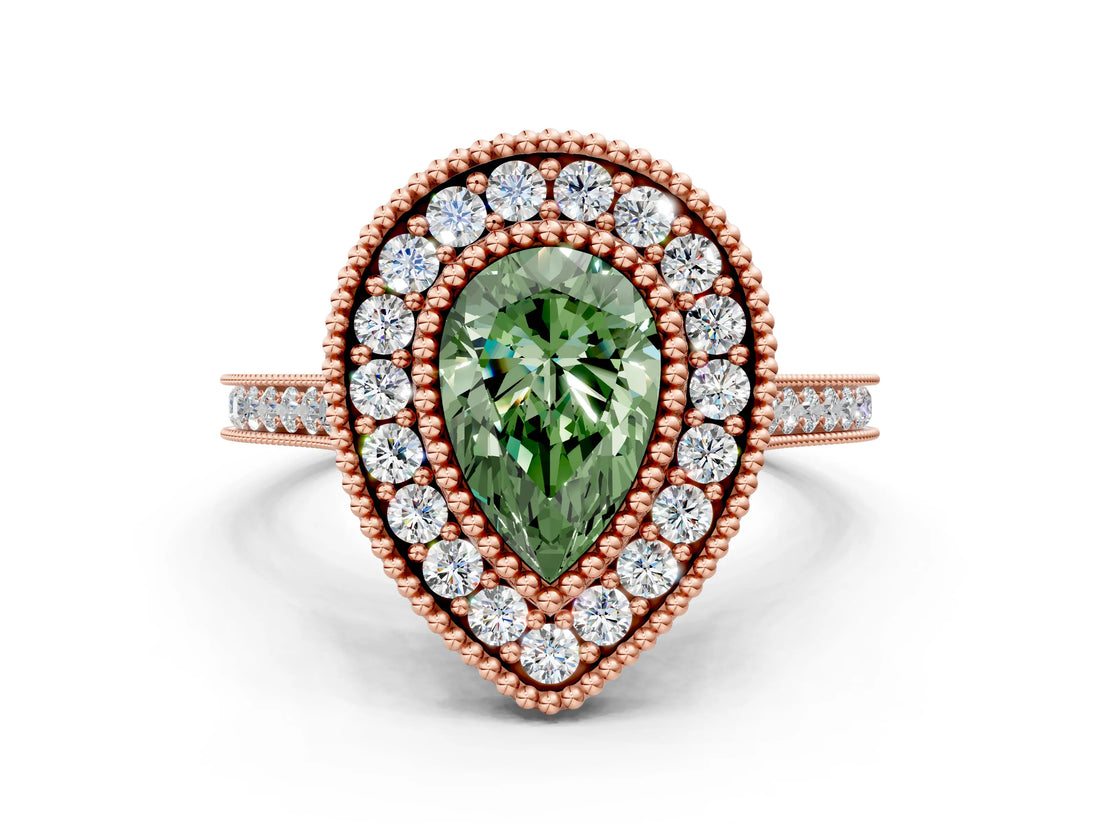 Rose gold Fancy Green Pear  Diamond Halo Ring with Milgrain Frame and Pavé Band_76