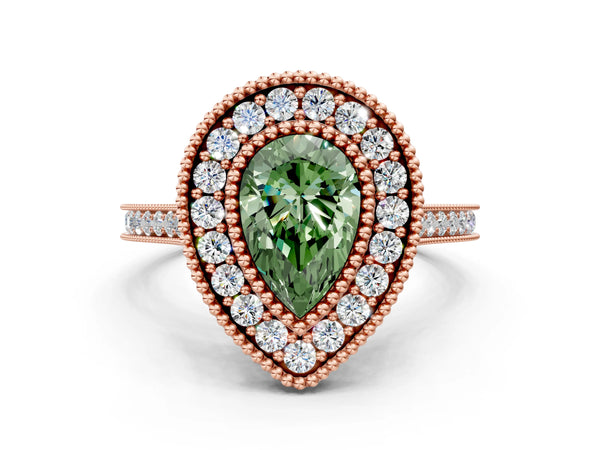 Rose gold Fancy Green Pear  Diamond Halo Ring with Milgrain Frame and Pavé Band