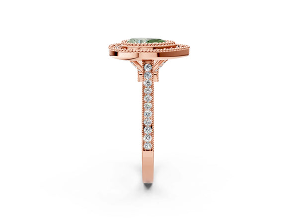 Rose gold Fancy Green Pear  Diamond Halo Ring with Milgrain Frame and Pavé Band