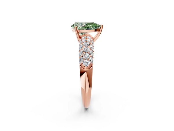 Rose gold Fancy Green Pear  Diamond Pavé Band Solitaire Ring with Four-Prong Setting