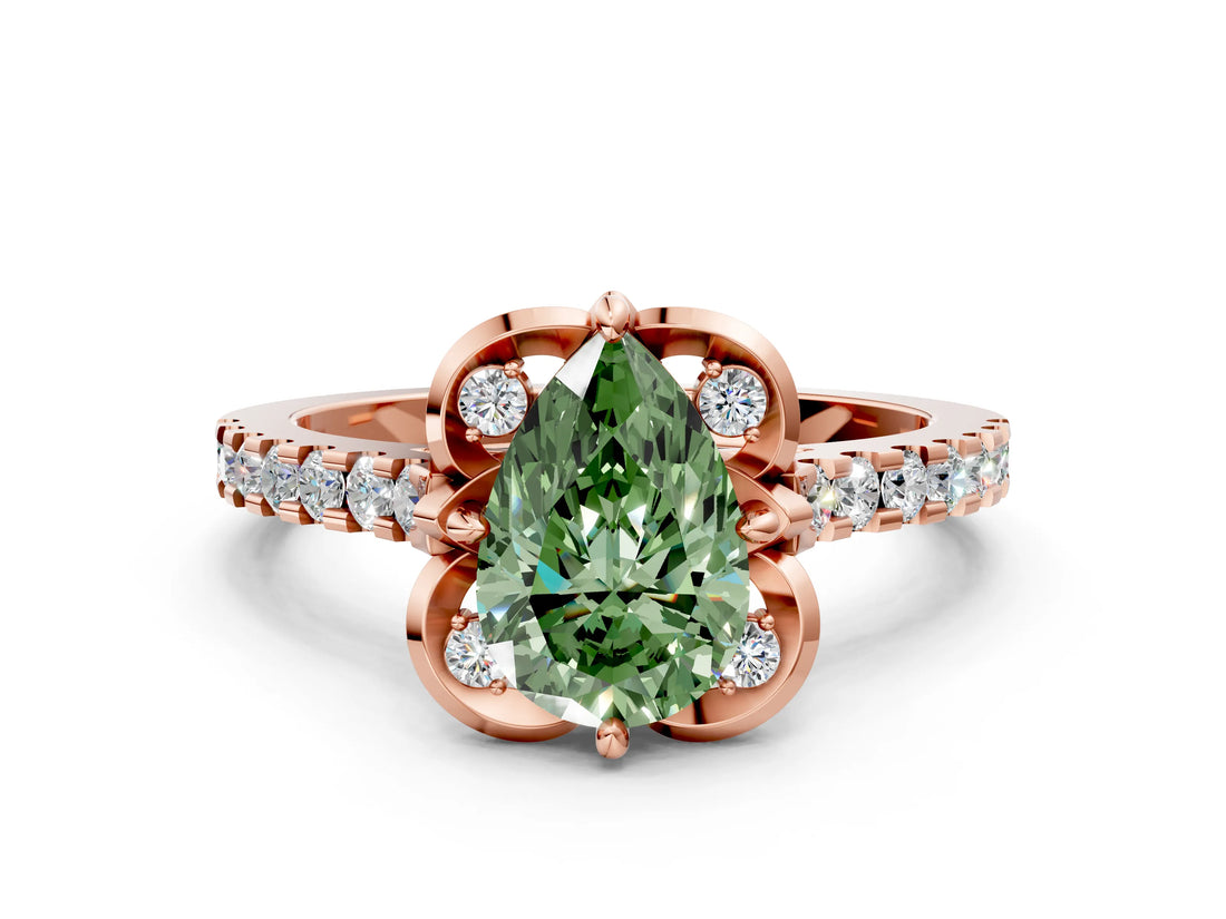 Rose gold Fancy Green Pear  Diamond Pave Band with Floral Prong Setting_27