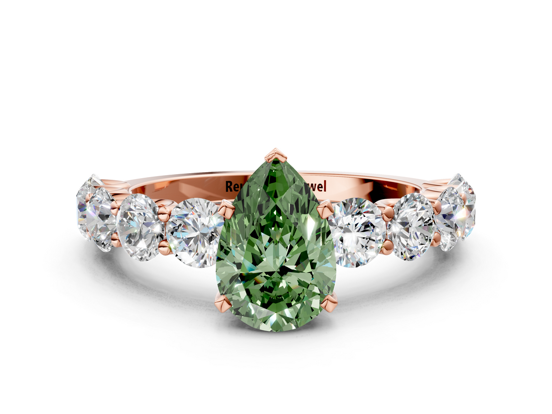 Rose gold Fancy Green Pear  Diamond Prong Setting with Side Stones on a Pave Band_125