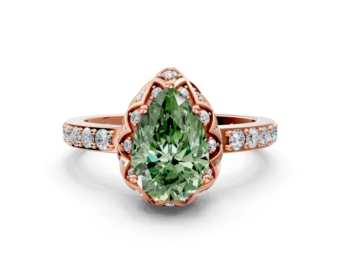 Rose gold Fancy Green Pear  Diamond Solitaire Ring with Shared Prong Pavé Band_54