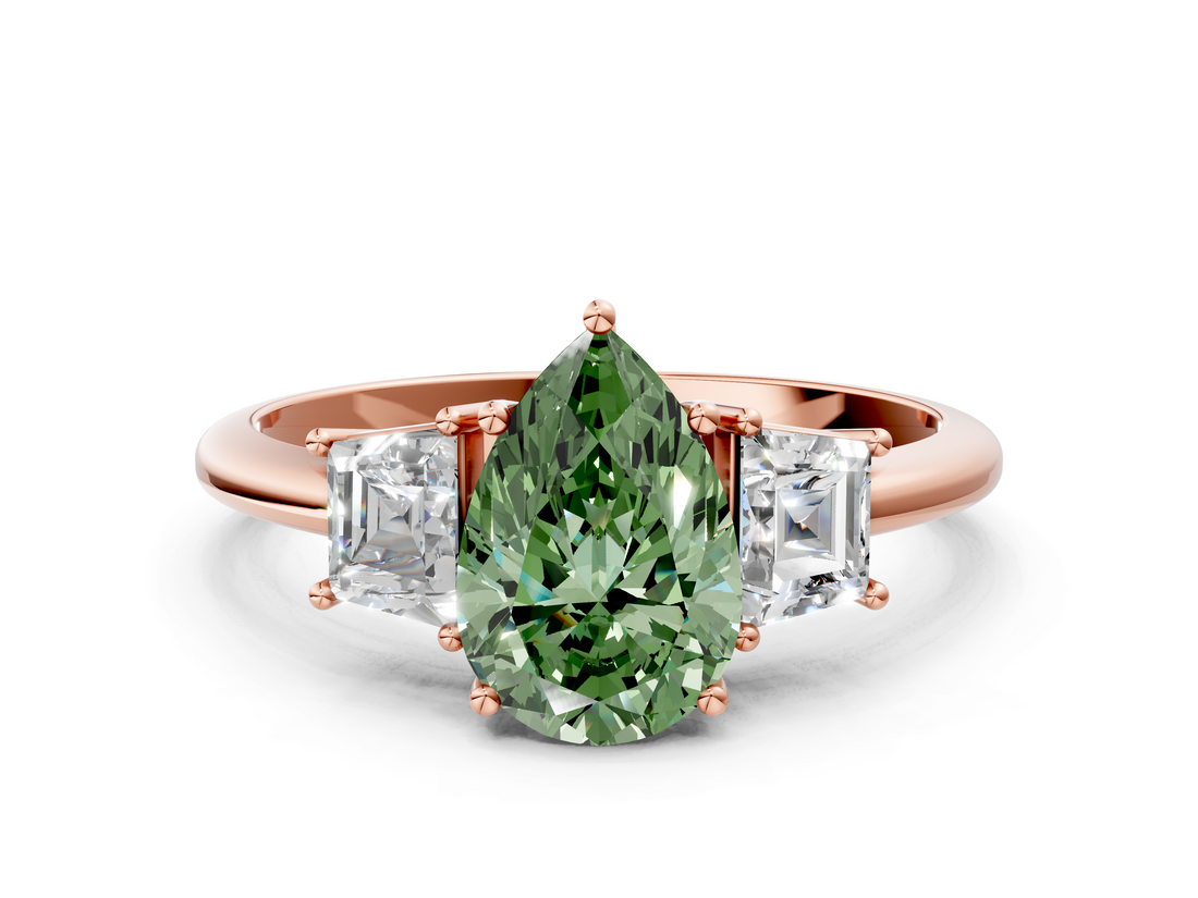 Rose gold Fancy Green Pear  Diamond Three-Stone Ring with Trapezoid Side Stones and Prong Setting_17