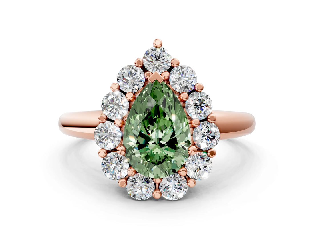 Rose gold Fancy Green Pear  Halo Cluster Diamond Engagement Ring with Prong Setting and Polished Band_51