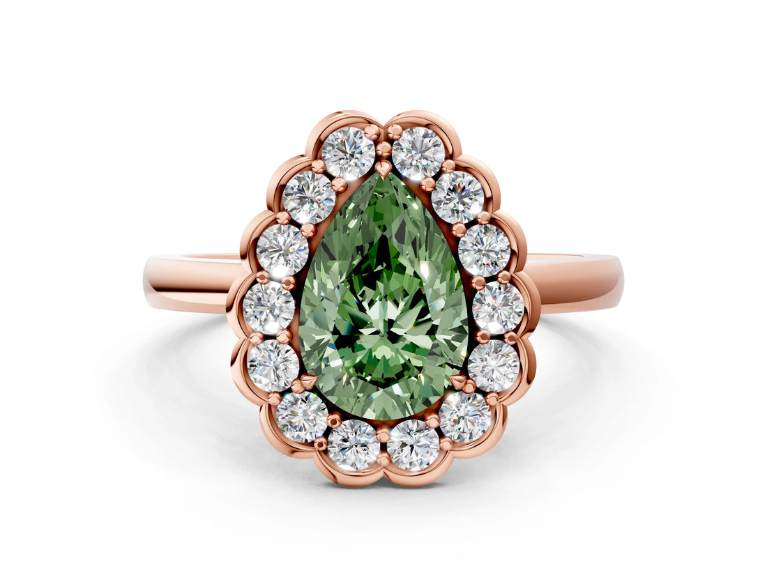 Rose gold Fancy Green Pear  Halo Cluster Diamond Engagement Ring with Solitaire Band and Prong Setting_48