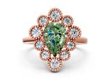 Rose gold Fancy Green Pear  Halo Diamond Cluster Engagement Ring with Milgrain Bezel Setting and Solitaire Band_27