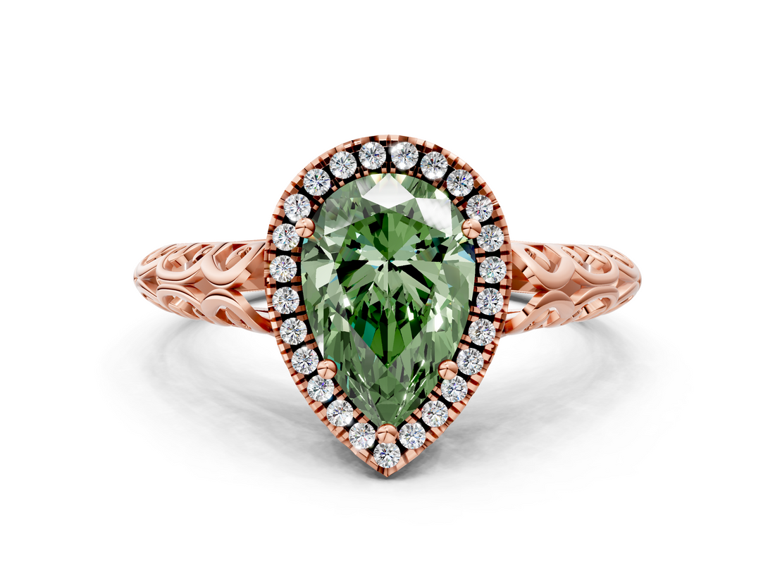 Rose gold Fancy Green Pear  Halo Diamond Engagement Ring with Intricate Filigree Band and Four-Prong Setting_54