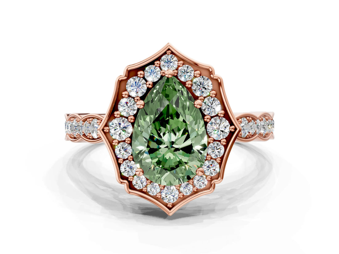 Rose gold Fancy Green Pear  Halo Diamond Engagement Ring with Milgrain Band and Four-Prong Setting_36