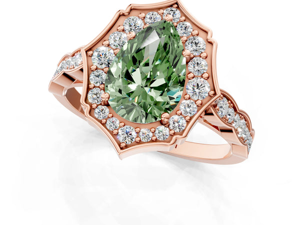 Rose gold Fancy Green Pear  Halo Diamond Engagement Ring with Milgrain Band and Four-Prong Setting
