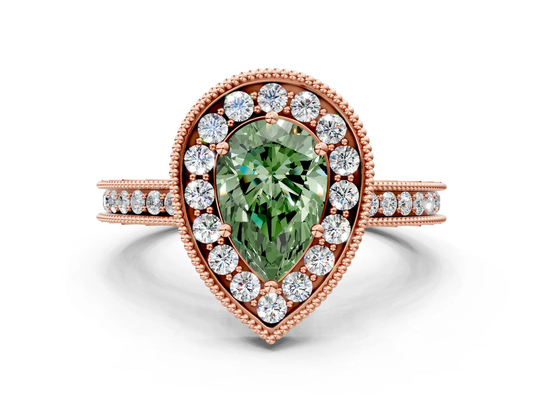 Rose gold Fancy Green Pear  Halo Diamond Engagement Ring with Milgrain Pave Band and Four-Prong Setting_37