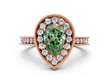 Rose gold Fancy Green Pear  Halo Diamond Engagement Ring with Milgrain Pave Band and Four-Prong Setting_37