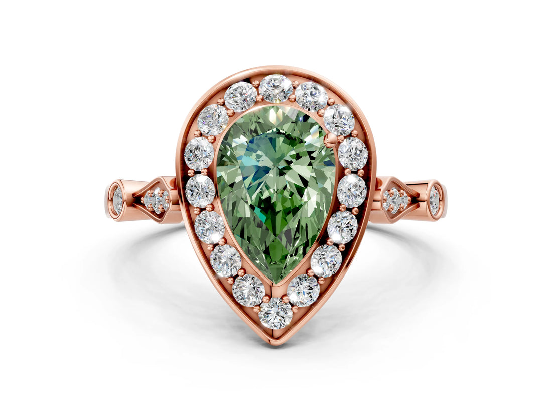 Rose gold Fancy Green Pear  Halo Diamond Engagement Ring with Twisted Band and Four-Prong Setting