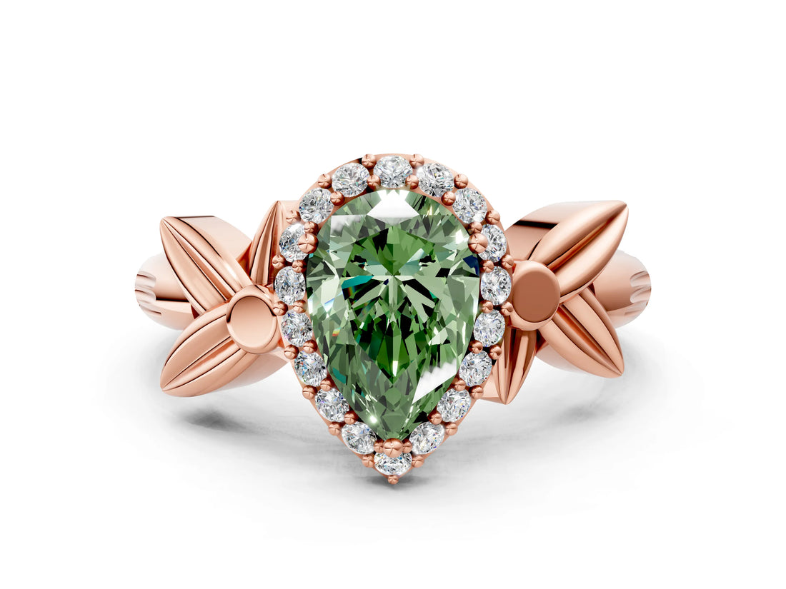 Rose gold Fancy Green Pear  Halo Diamond Floral Band with Four-Prong Setting_55