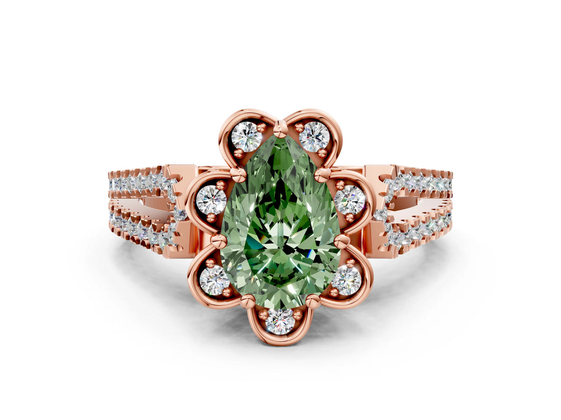 Rose gold Fancy Green Pear  Halo Diamond Floral Split Shank Engagement Ring