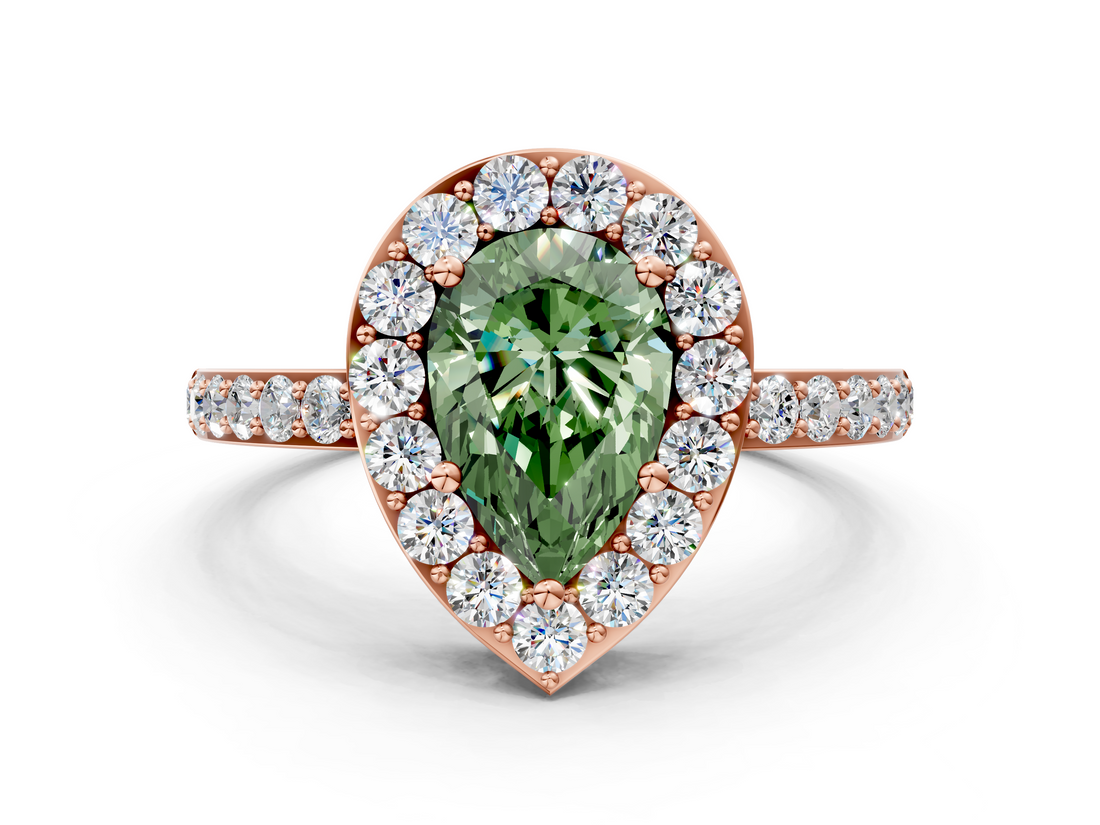Rose gold Fancy Green Pear  Halo Diamond Pavé Band Ring with Prong Setting_20