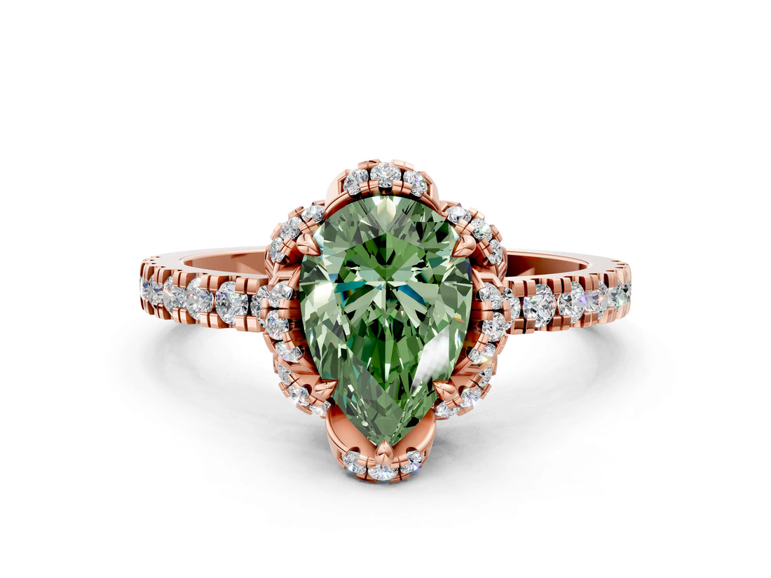 Rose gold Fancy Green Pear  Halo Diamond Pave Band Ring with Four-Prong Setting_15
