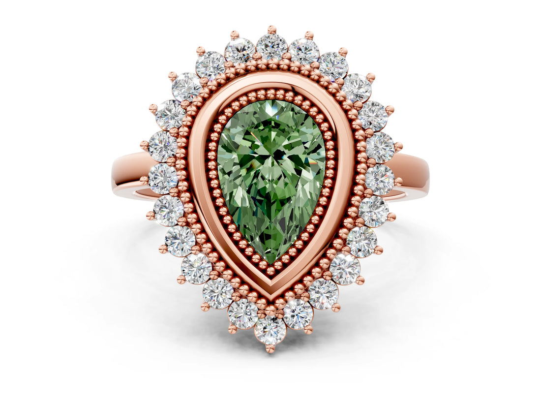 Rose gold Fancy Green Pear  Halo Diamond Ring with Milgrain Edge and Round Prong Setting_25
