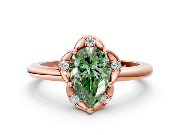 Rose gold Fancy Green Pear  Halo Diamond Ring with Round Cluster Setting, Solitaire Band, and Four-Prong Setting