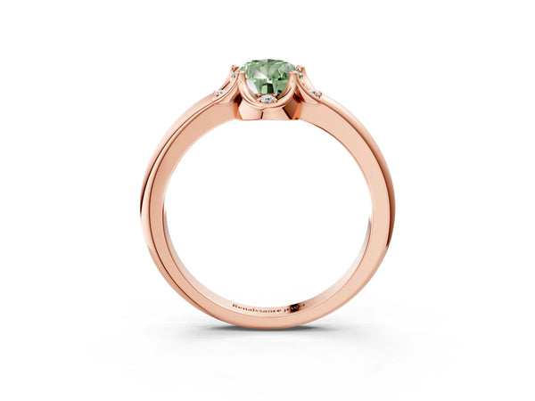 Rose gold Fancy Green Pear  Halo Diamond Ring with Round Cluster Setting, Solitaire Band, and Four-Prong Setting