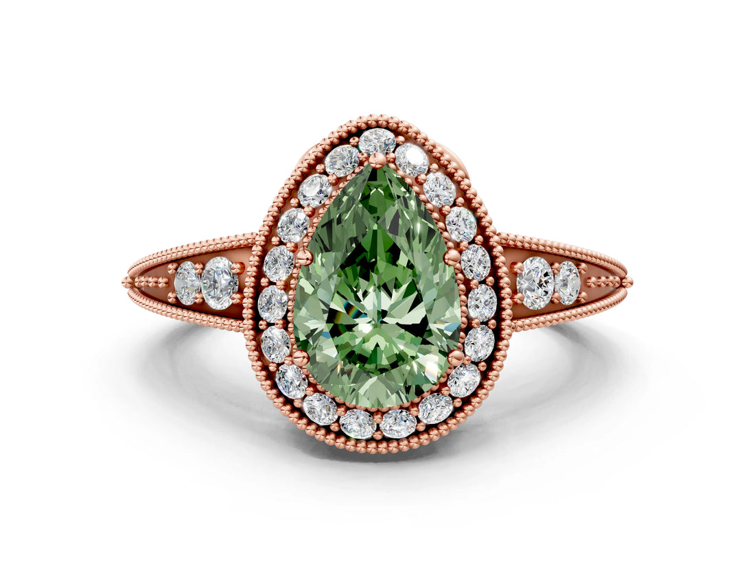 Rose gold Fancy Green Pear  Halo Diamond Split Shank Ring with Milgrain Detail_49