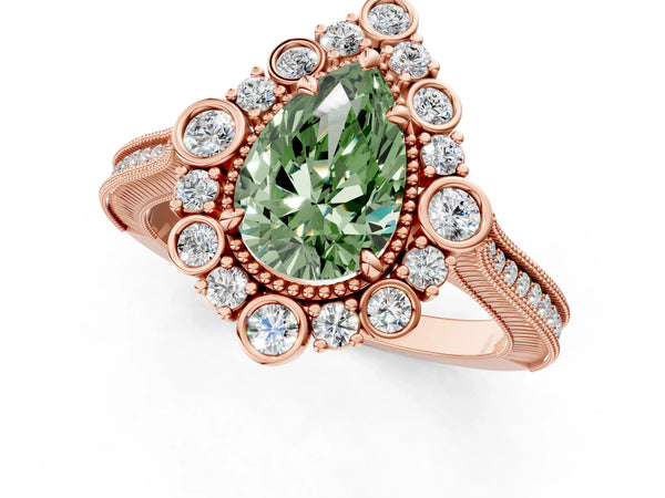 Rose gold Fancy Green Pear  Halo Milgrain Pave Diamond Ring with Four-Prong Setting