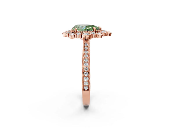 Rose gold Fancy Green Pear  Halo Milgrain Pave Diamond Ring with Four-Prong Setting