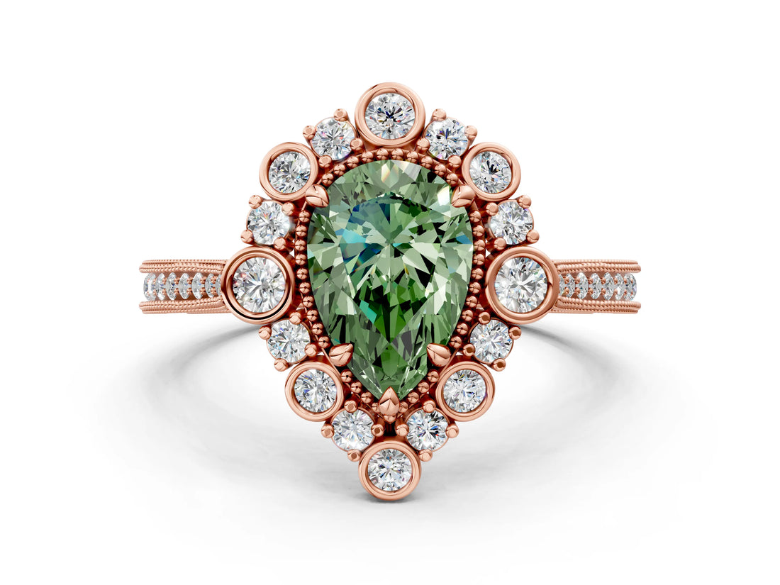 Rose gold Fancy Green Pear  Halo Milgrain Pave Diamond Ring with Four-Prong Setting