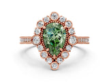 Rose gold Fancy Green Pear  Halo Milgrain Pave Diamond Ring with Four-Prong Setting