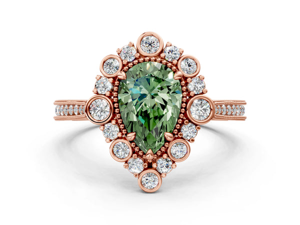 Rose gold Fancy Green Pear  Halo Milgrain Pave Diamond Ring with Four-Prong Setting