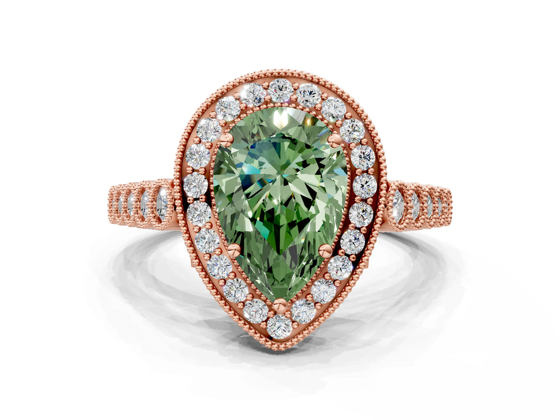 Rose gold Fancy Green Pear  Halo Milgrain Solitaire with Bezel Set Side Stones and Pave Band_32