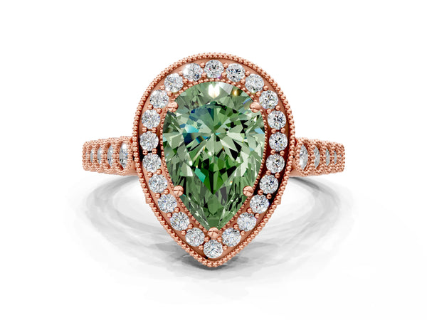Rose gold Fancy Green Pear  Halo Milgrain Solitaire with Bezel Set Side Stones and Pave Band