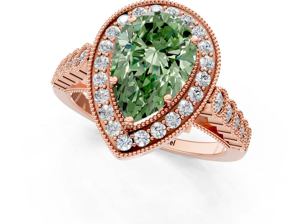 Rose gold Fancy Green Pear  Halo Milgrain Solitaire with Bezel Set Side Stones and Pave Band