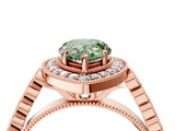 Rose gold Fancy Green Pear  Halo Milgrain Solitaire with Bezel Set Side Stones and Pave Band_36