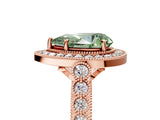 Rose gold Fancy Green Pear  Halo Milgrain Solitaire with Bezel Set Side Stones and Pave Band_37