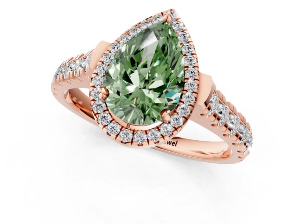 Rose gold Fancy Green Pear  Halo Pavé Diamond Engagement Ring with Four-Prong Setting