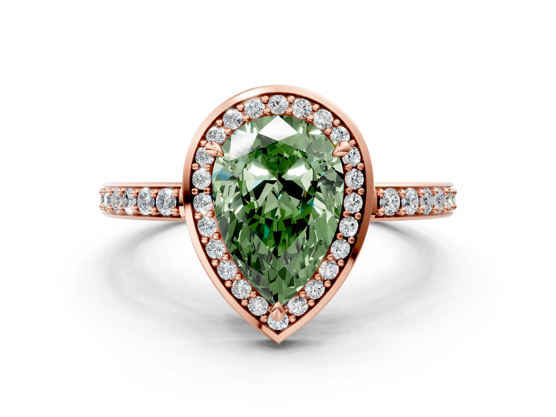 Rose gold Fancy Green Pear  Halo Pave Band Solitaire Ring with Prong Setting_63