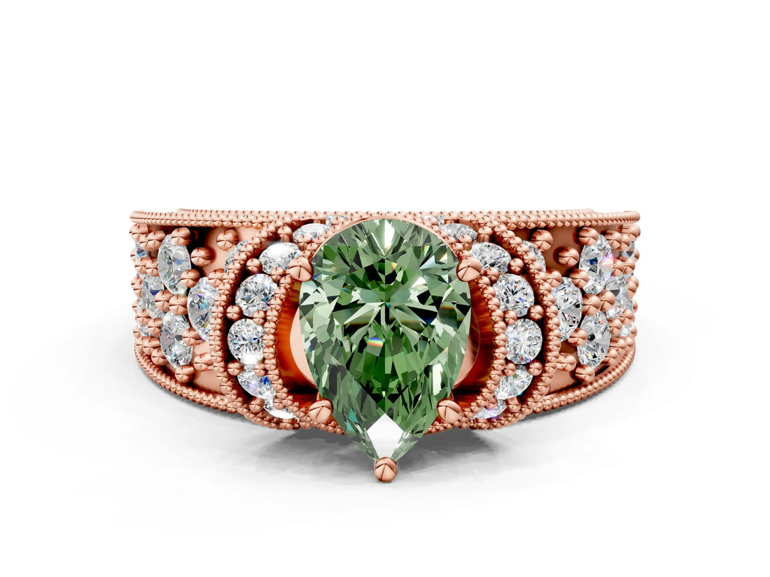 Rose gold Fancy Green Pear  Halo Pave Diamond Engagement Ring with Milgrain Detailing_49