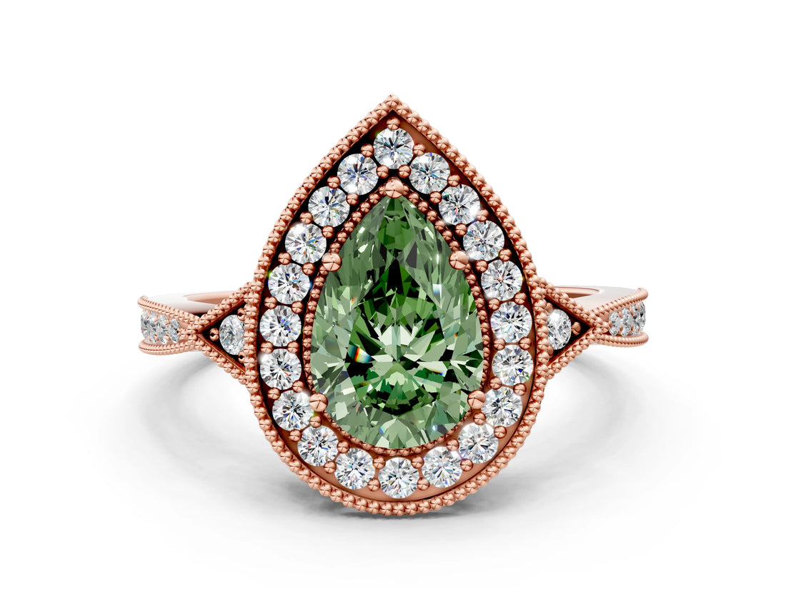 Rose gold Fancy Green Pear  Halo Round Diamond Milgrain Pave Engagement Ring_3
