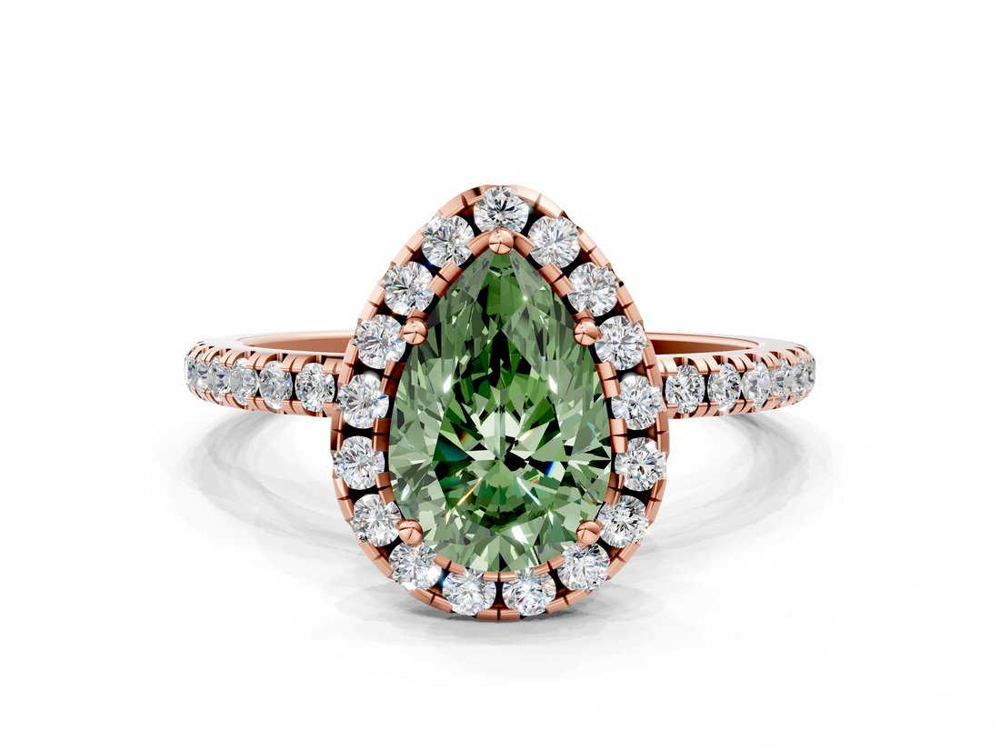 Rose gold Fancy Green Pear  Halo Round Diamond Pavé Band Four-Prong Ring_3