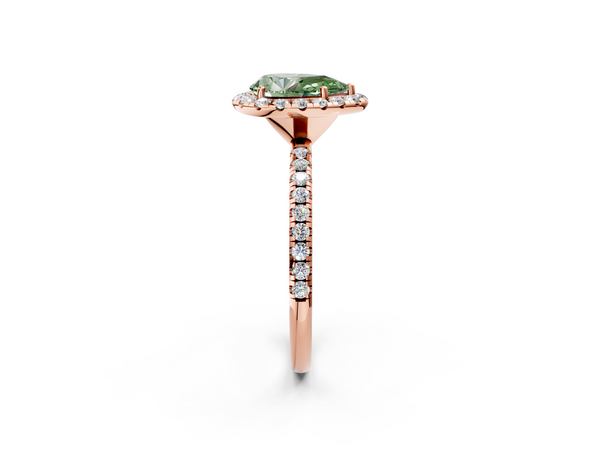 Rose gold Fancy Green Pear  Halo Round Diamond Pavé Band Four-Prong Ring