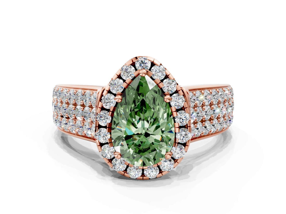 Rose gold Fancy Green Pear  Halo Round Diamond Pave Band with Prong Setting