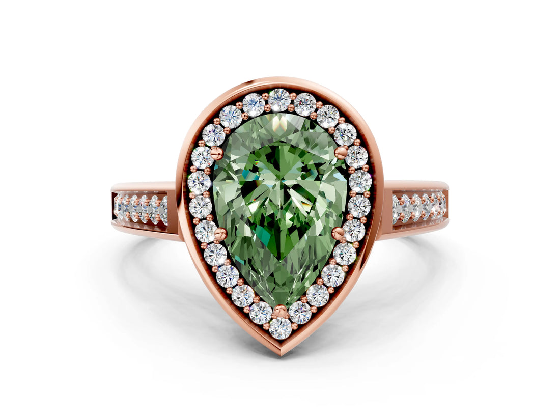 Rose gold Fancy Green Pear  Halo Solitaire Diamond Ring with Pave Band and Bezel Setting_49