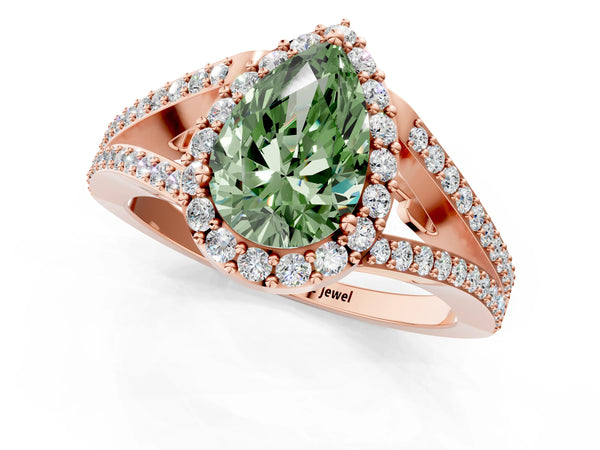 Rose gold Fancy Green Pear  Halo Split Shank Pave Diamond Ring with Four-Prong Setting
