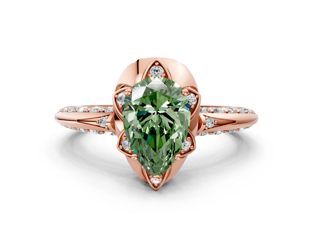 Rose gold Fancy Green Pear  Halo Split Shank Pave Diamond Ring with Petal Prong Setting_20