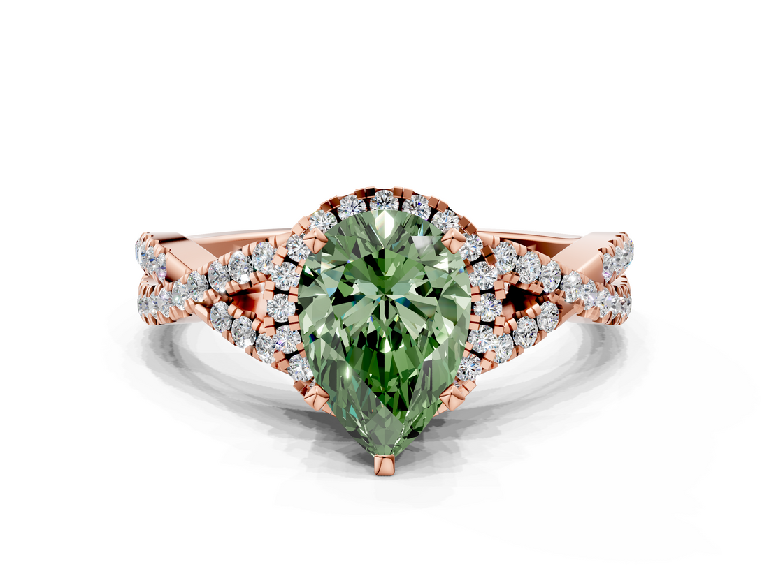 Rose gold Fancy Green Pear  Halo Twist Band Solitaire Prong Setting Ring_76
